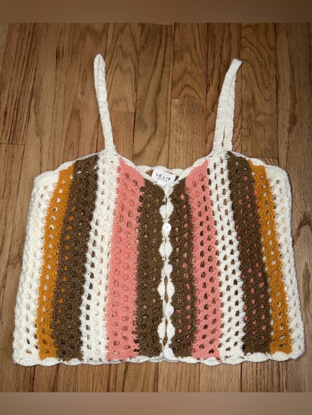 Lelis Knit Top Medium Acrylic Spaghetti Strap Button Front Blouse Crop Festival